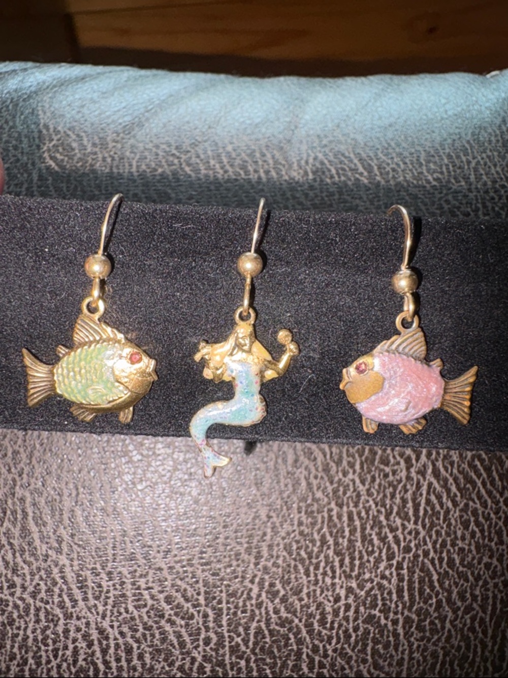 14KGF Hook Blonde Mermaid plus Green & Lilac Enamel Angel Fish Dangle Earrings